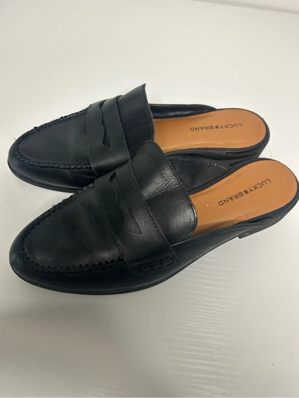 Lucky Brand black leather slip on penny loafer mule 9